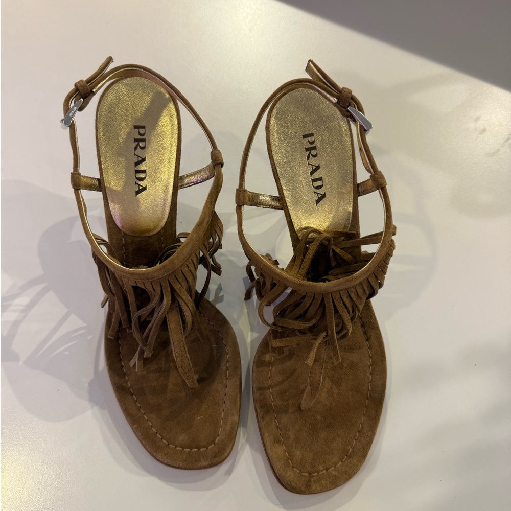 Prada Tan Fringe Sandals